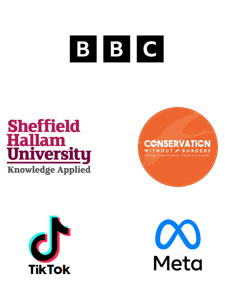 Logo bar showing BBC, Conservation Without Borders, Sheffield Hallam University, TikTok, and Meta